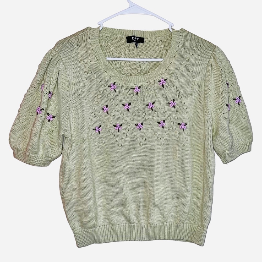 Lord & Taylor OAT New York Green Puffed Short Sleeved Floral Sweater Size Med